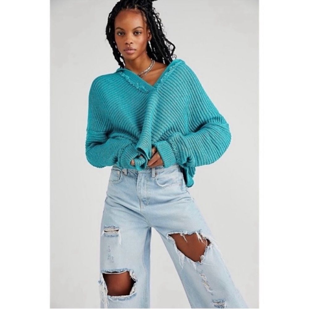 free people XS Marlie Mar Chiquita Teal Oversized Knit Pullover Knit Sweater